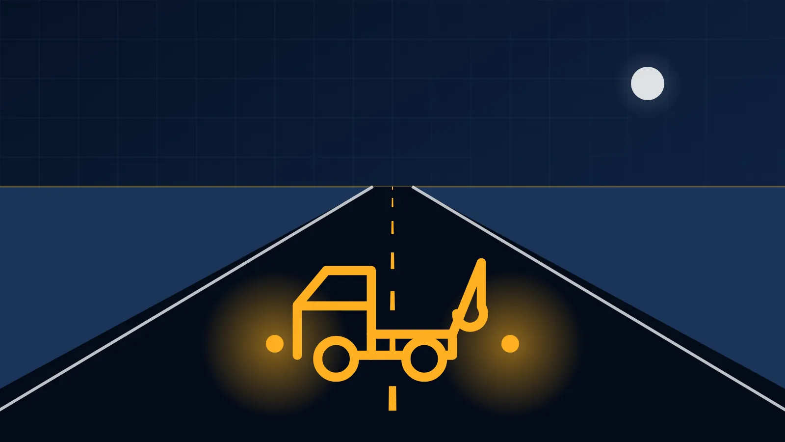 Illustration of a car stopped on a highway shoulder at night with hazard lights on